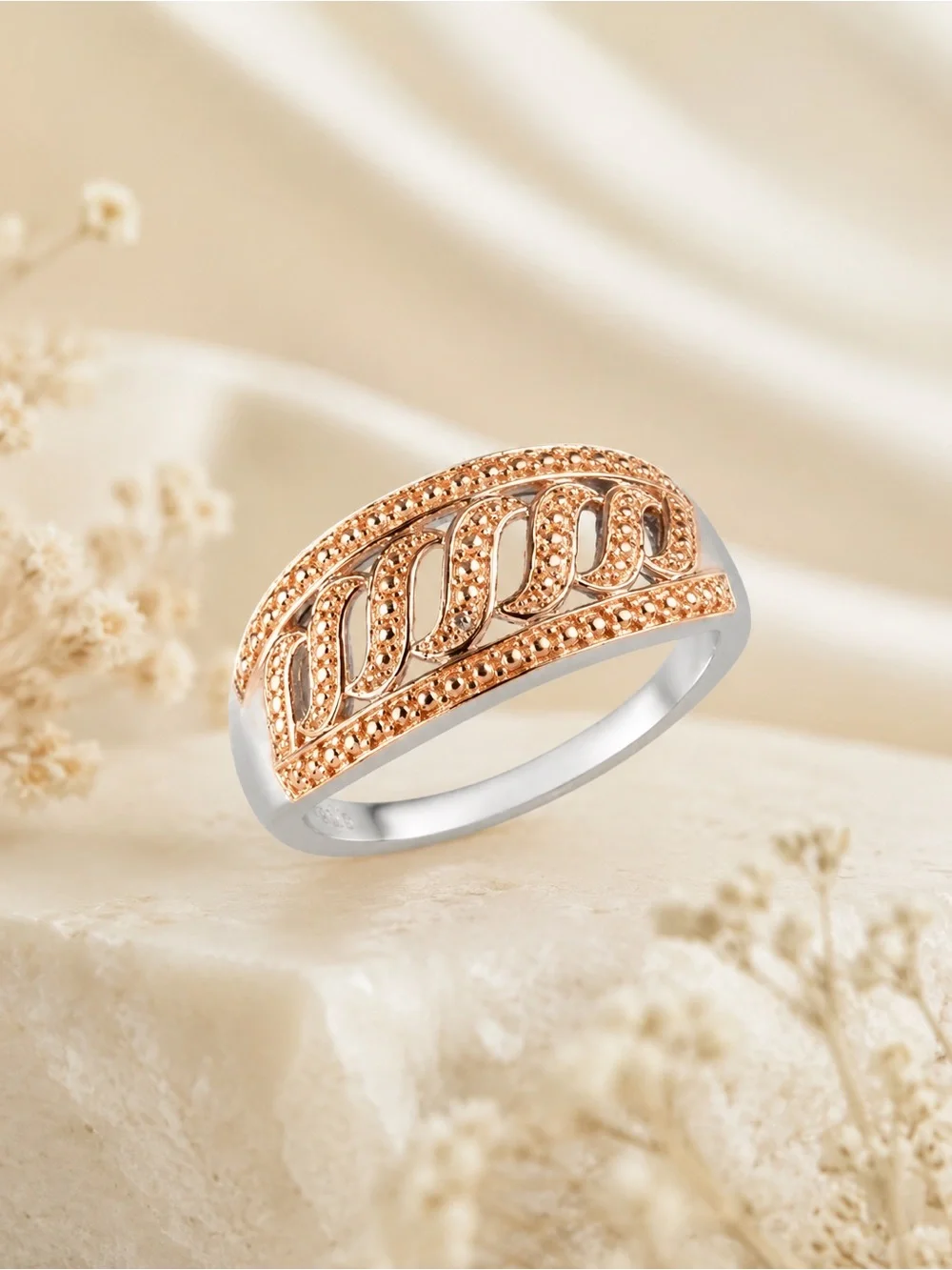 Natural Champagne Diamond Accent Swirl Ring Rose Gold & Platinum Bond Brass